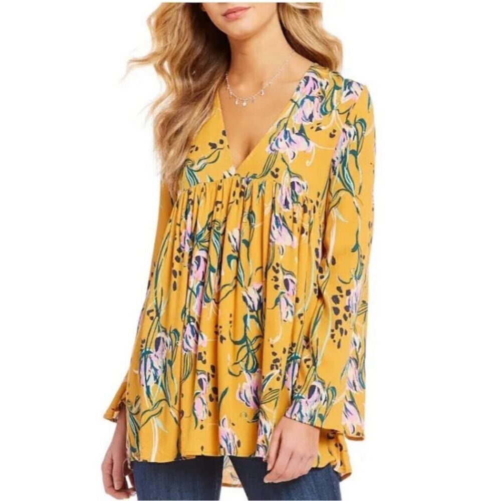 Free People Bella Tunic top Yellow Floral Small S Long Sleeve